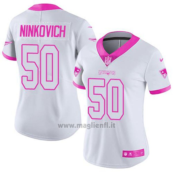 Maglia NFL Limited Donna New England Patriots 50 Rob Ninkovich Bianco Rosa Stitched Rush Fashion